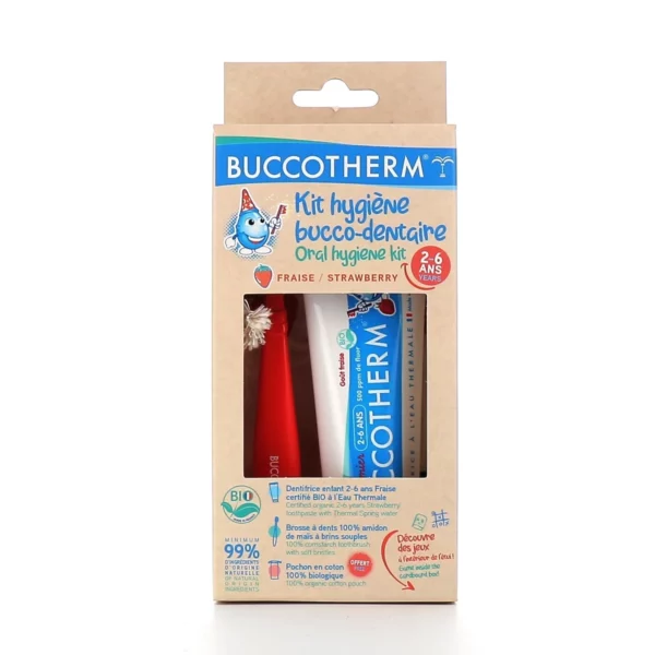 BUCCOTHERM PACK KIT HYGIENE BROSSE A DENTS + DENTIFRICE BIO GOUT FRAISE 500 PPM DE FLUOR 2-6ANS